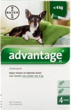 Advantage 2 X 4 Pipetten Â, ®, 40 Voor Honden Van Minder Dan 4 Kg Dubbelpak -Dierenwinkel Met Korting advantage 40 hond 4kg 4 x 04 ml 47700