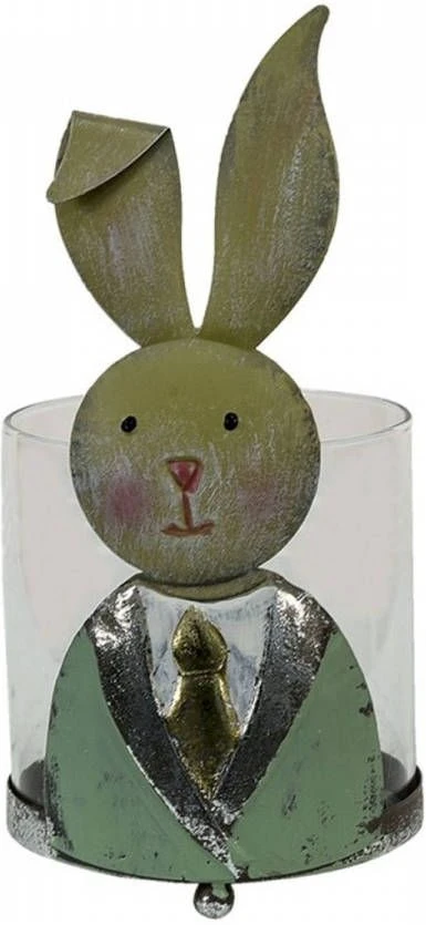 Clayre & Eef Windlicht Konijn 11x10x22 Cm Groen Wit Metaal Glas 2 Clayre & Eef Windlicht Konijn 11x10x22 Cm Groen Wit Metaal Glas - Afbeelding 2
