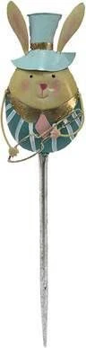 Clayre & Eef Tuinsteker Konijn 18x74 Cm Blauw Metaal Tuinprikker Gazonsteker Tuin Decoratie Blauw Tuinprikker