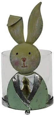 Clayre & Eef Windlicht Konijn 11x10x22 Cm Groen Wit Metaal Glas
