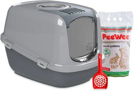 PeeWee EcoDome XXL Grijs +3 Kg Houtkorrels +Schepje, Kattenbak Combideal 2 PeeWee EcoDome XXL Grijs +3 Kg Houtkorrels +Schepje, Kattenbak Combideal - Afbeelding 2